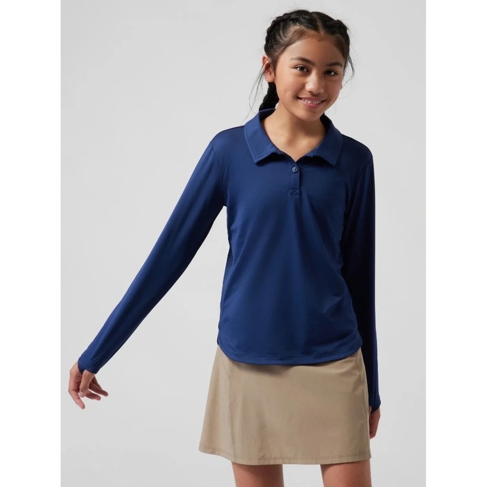 Lot of 2 - Athleta Girl School Day Uniform Long Sleeve Polo Navy Blue Size XL/14